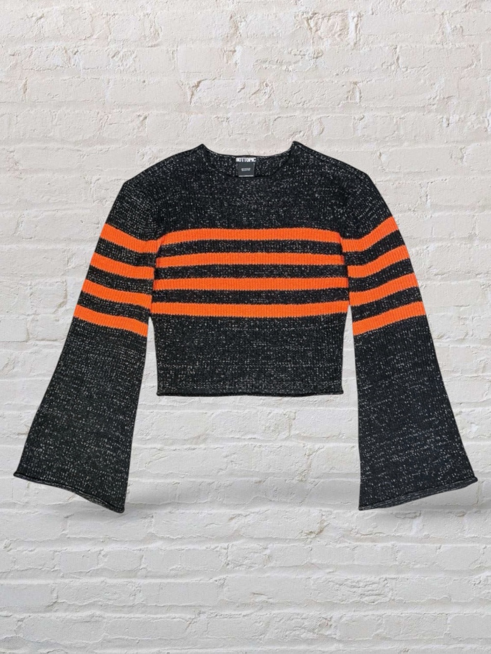 HOT TOPIC Sweater Black Orange Striped Bell Sleeve Crop Retro Mall Punk XL NWOT